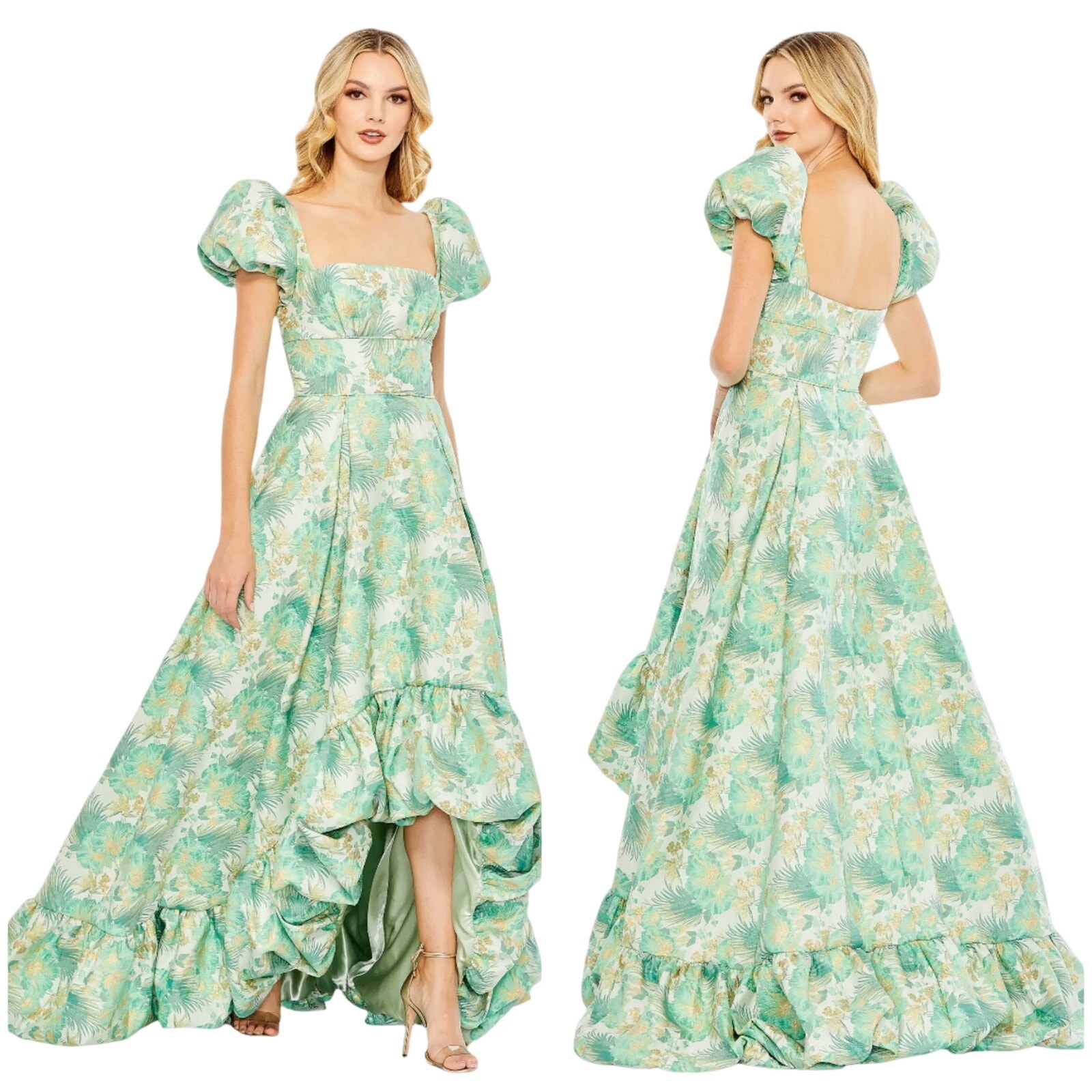 Mac Duggal Nwt Green Gold Floral Print Puff Sleeve High Low Brocade Gown Size 4